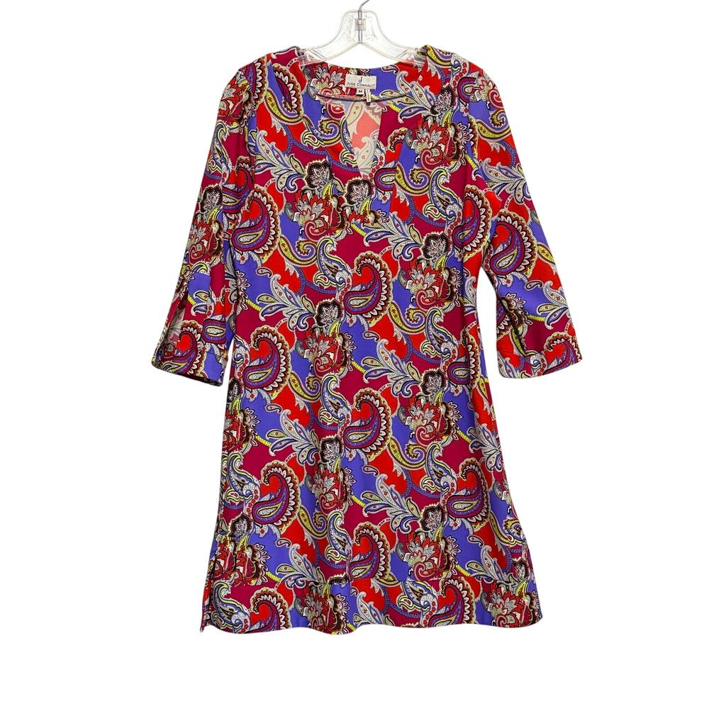 Jude Connally Megan Tunic Dress 3/4 Sleeve Paisley Knee Length Red Blue Womens M